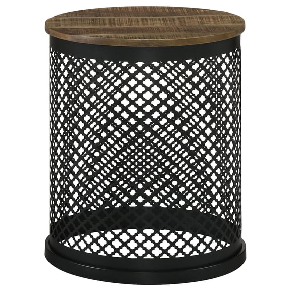 Pemberly Row Round Contemporary Metal Drum Base Accent Table in Black/Natural