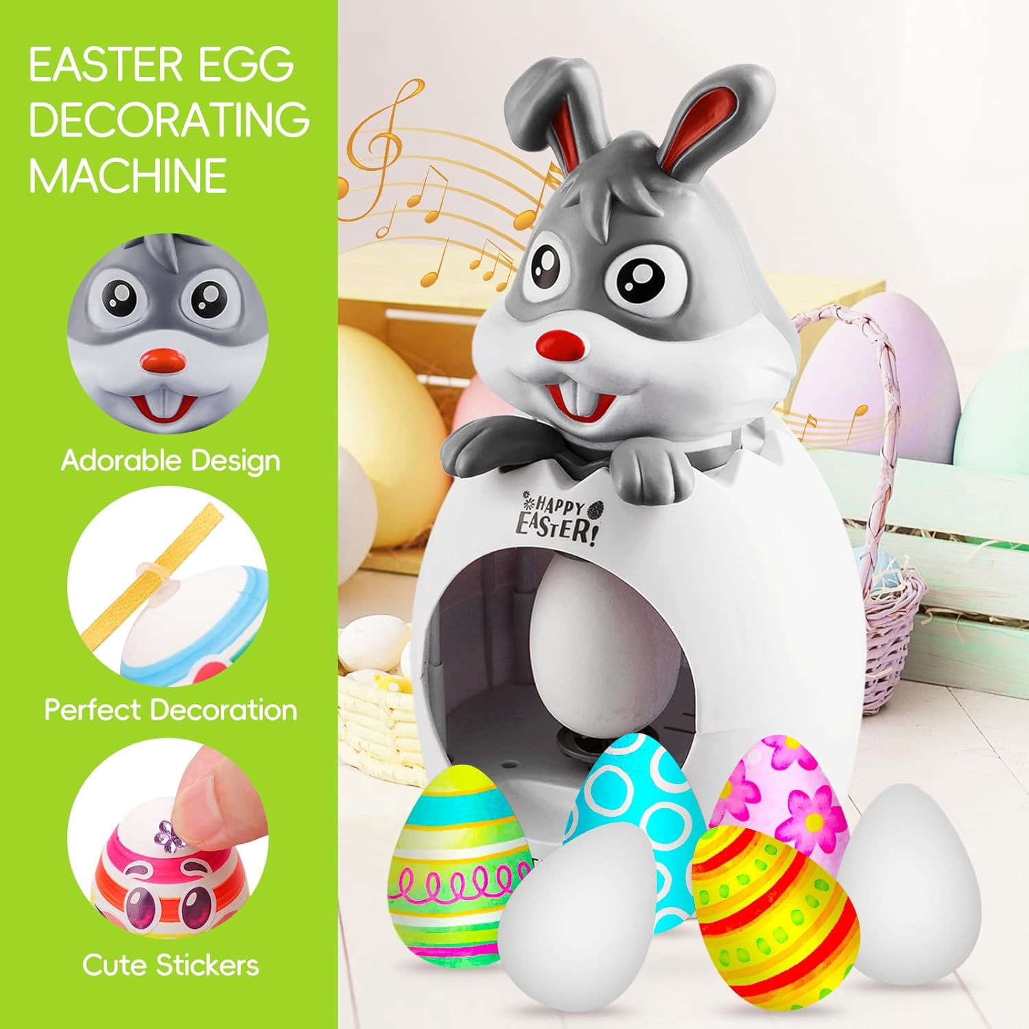 Easter Egg Decorating Kit for Kids, 32Pcs Cute Bunny Egg Decorator Rotator Gifts Crafts with Coloring Markers Fake Eggs Strings Make A Face Stickers for Party Supplies, Birthday, Egg Hunt Game