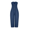 thumbnail image 6 of WULMLEO Womens Cotton Jumpsuits Sleeveless Casual Wide Leg Capri Rompers Baggy Button Down V Neck Summer Overalls Pockets Navy S, 6 of 7