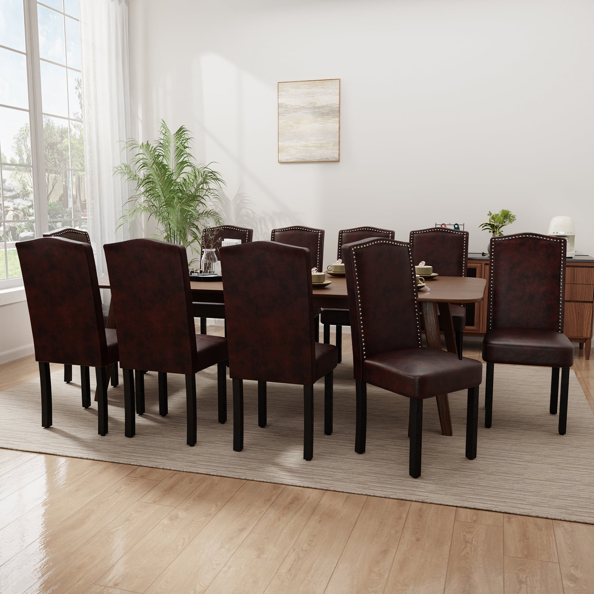 DONICK Mid Century Upholstered Dining Chairs,High-End Dorsal Side Chairs Nailhead Trim Wood Legs for Kitchen(PU,Brown,Set of 2)