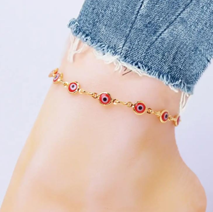 18K Gold  Red Evil Eye Anklet Plated