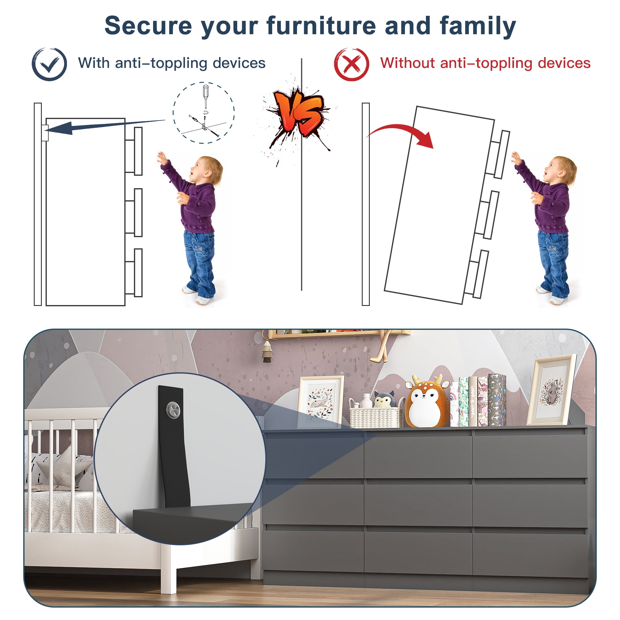 Demi Bonn 9 Drawer Double Dresser, Modern 9 Chest of Drawers with Deep Drawers, Wide Storage Organizer Cabinet for Living Room, Gray