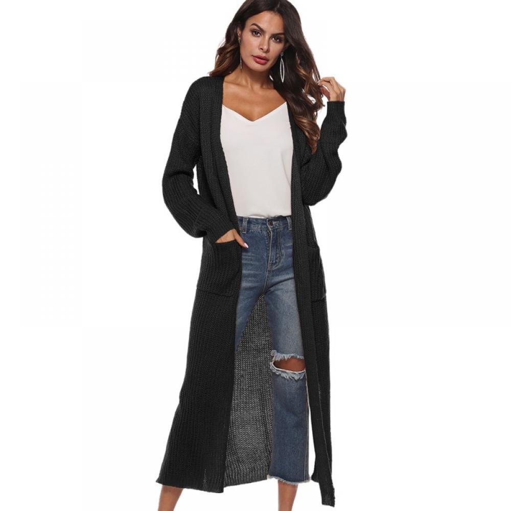 Women Floor Length Open Front Drape Cardigan Lightweight Long Sleeve Maxi Duster with Pockets Thin Cable Knit Long Sweater Coats Outerwear Lightweight Duster Sweater S 2XL Black Walmart