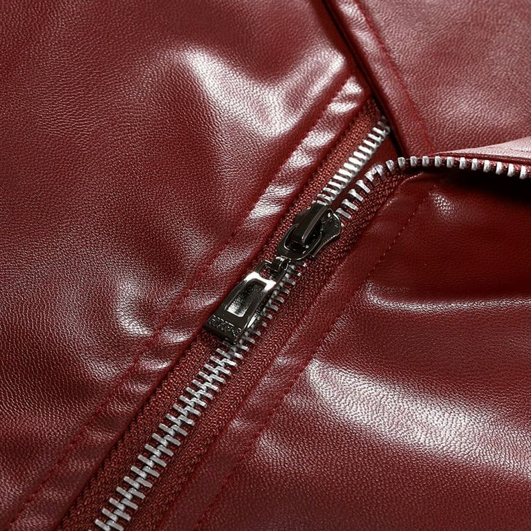 Men's Leather Jackets Vintage Full Zipper Turndown Collar Coat Solid Color Long Sleeve Motorcycle Jacket Red L