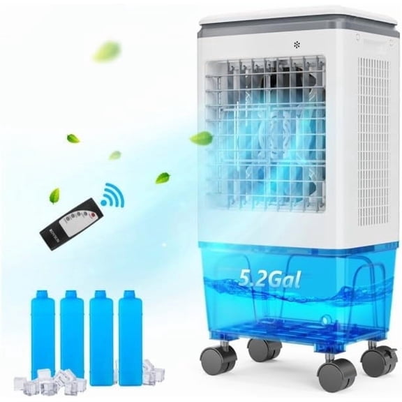 VINGLI 5.2 Gal Portable Air Cooler, 1400CFM Evaporative Swamp Cooler with Oscillation, Remote, 3 Speeds Setting, 12H Timer & 4 Ice Packs, 3-IN-1 Humidifying Cooling Fan for Patio, Garage