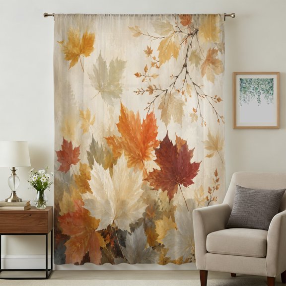 Maple Leaves Fall Sheer Curtains 72 Inches Long for Living Room, Thanksgiving Branches Vintage Art Light Filtering Privacy Drapes, Breathable Semi Sheer Window Treatment for Bedroom Dining Room