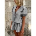 thumbnail image 2 of Nygoyerh Women's Summer 2PCS Outfits Stripe Print Shorts Suit Short Puff Sleeves Tie Front Tops with Elastic Waist Shorts Set Sweatsuits, 2 of 3
