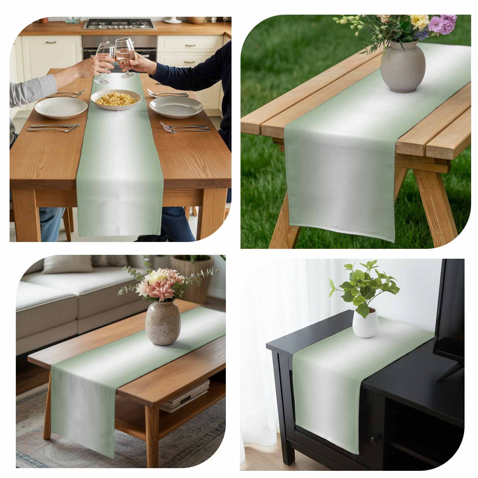 Sage Green Table Runner 13x108 inch and White Gradient Cotton Linen Dining Table Runner Ideal for Dresser Kitchen Coffee Tables - Machine Washable