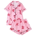 thumbnail image 2 of Women‘s Bow Print Loungewear Set | Satin Collared Top & Shorts Pajama Set | Short Sleeve Sleepwear for Home & Casual Outings(Pink,XL), 2 of 7