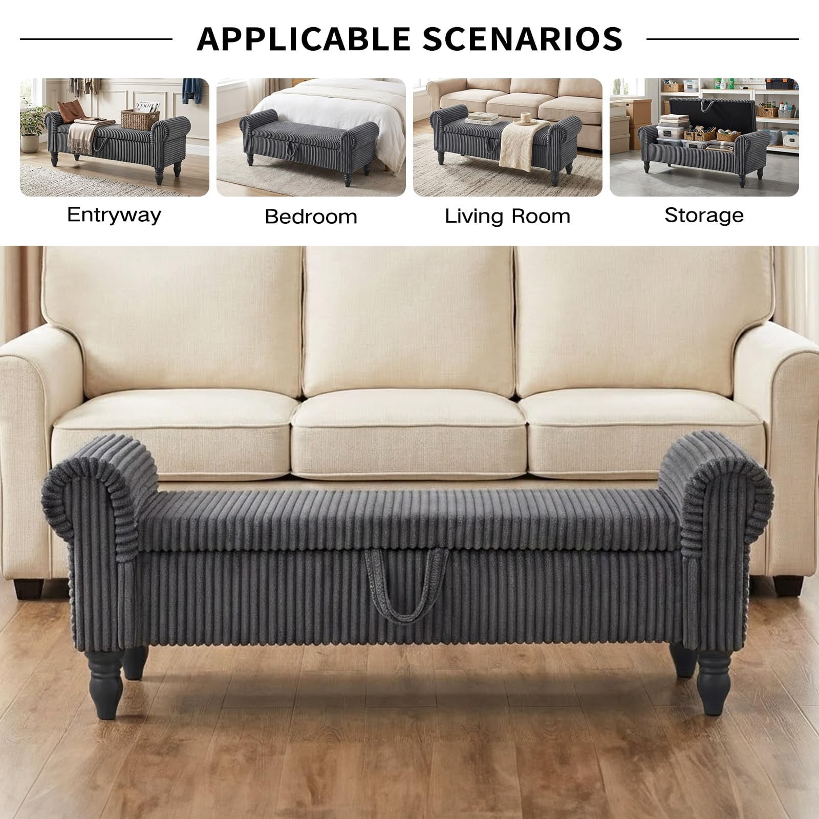 51.5" Storage Ottoman Bench, Upholstered Corduroy End of Bed Bench with Hidden Storage for Bedroom, Entryway & Living Room, Dark Gray