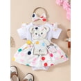 thumbnail image 2 of Baby Girl 2 Piece Summer Set, Short Sleeve Round Neck Bear Patch Dot Print Romper Dress + 3D Bow Headband Infant Toddler Outfits, 2 of 9
