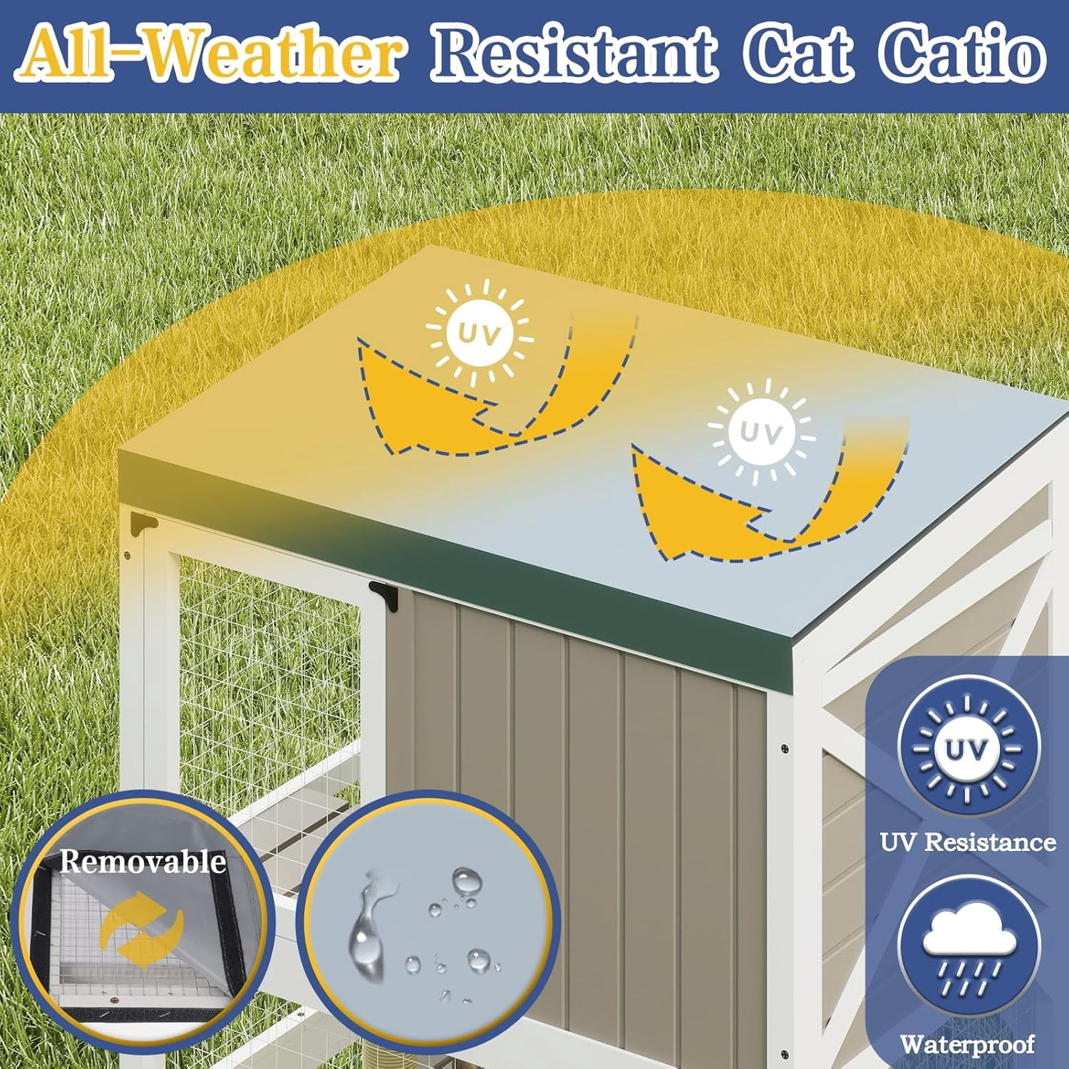 64" Large Wooden Catio Outdoor Cat Enclosure, Window Cat House with Wheels & 3 Platforms, Kitty Cage with Weatherproof Roof for Multiple Cats (Gray)