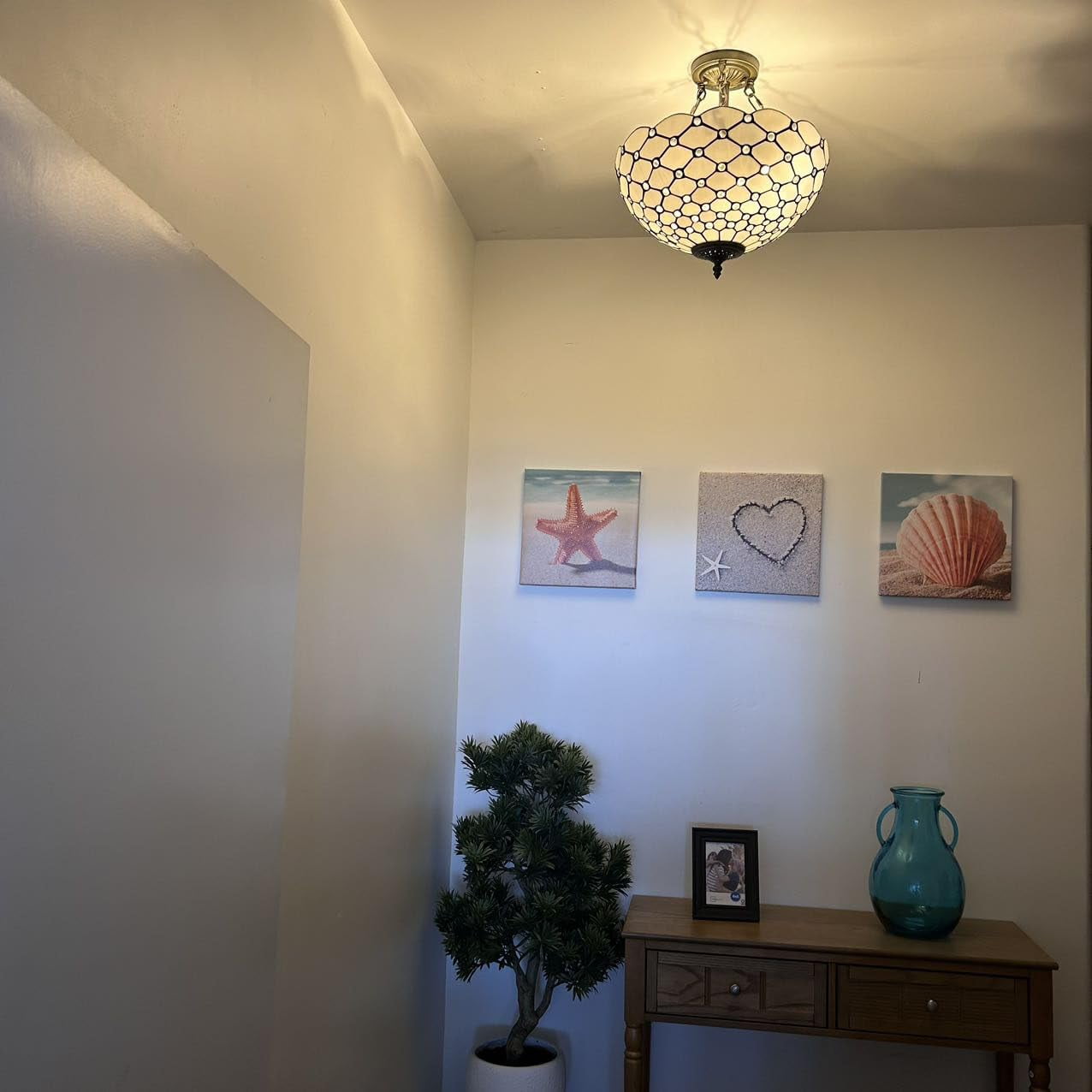 Tiffany 16" White Stained Glass Crystal Beans 16-Light Ceiling Lights with Glass Shades