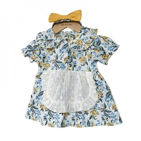 

Clearance Baby Fashion Blossom Print Lapels Summer Dress ewborn Infant Skirt Cotton Romper with Headband