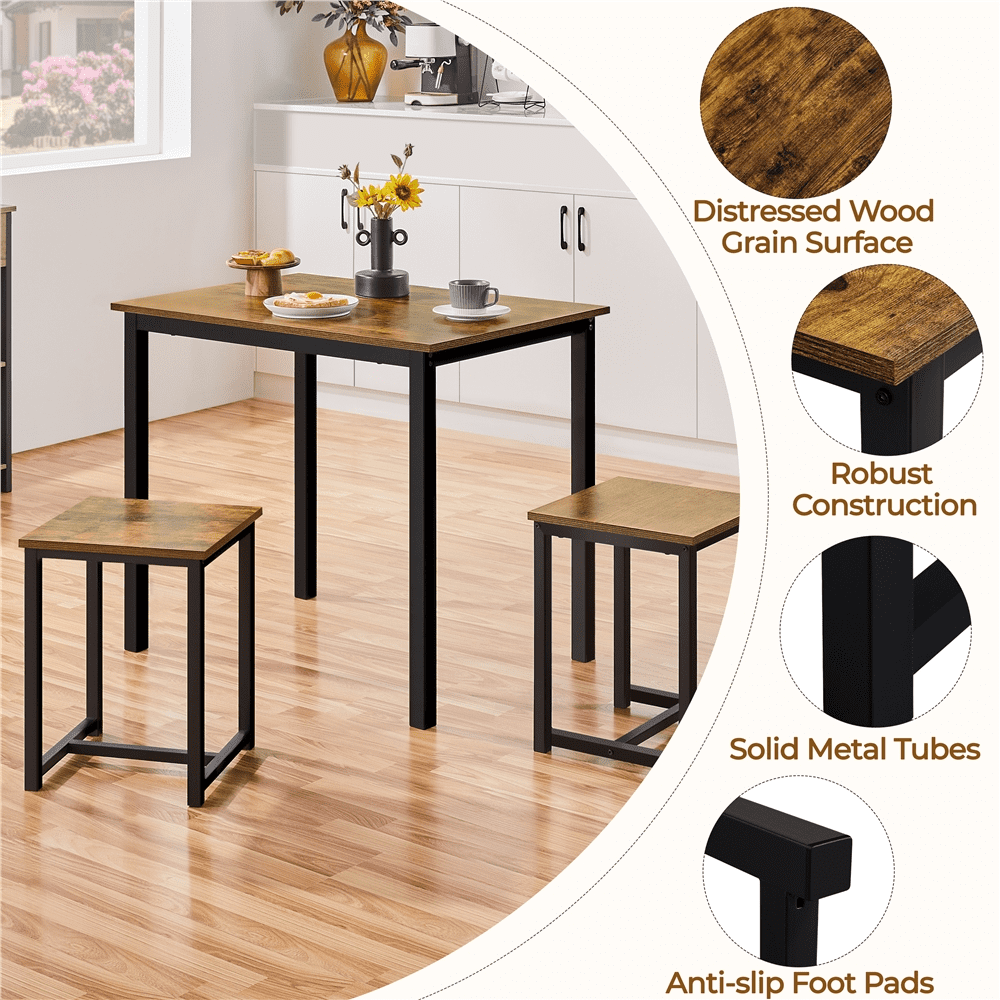 Renwick Industrial 3-Piece Dining Table Set, Rustic Brown