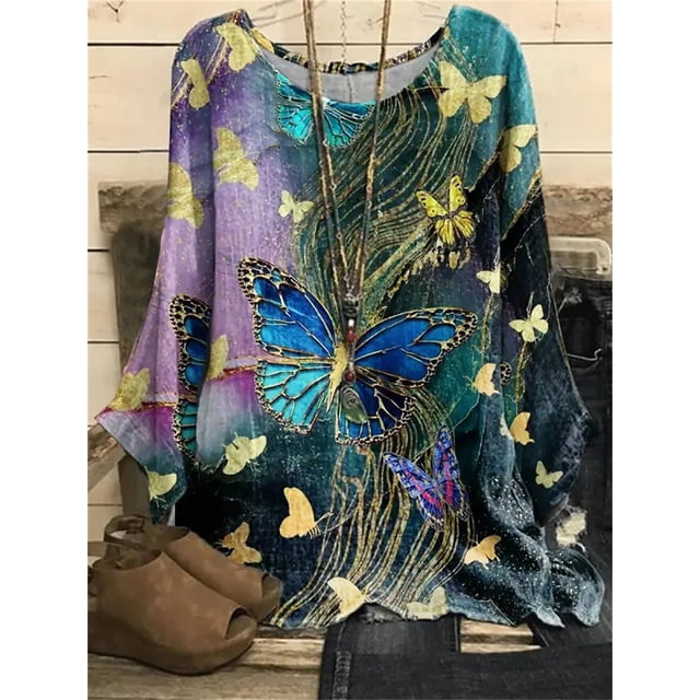 Jersey con estampado para mujer, camiseta informal a la moda, cuello redondo, Top de gran tamaño, estilo Simple, manga larga, Otoño, 2022