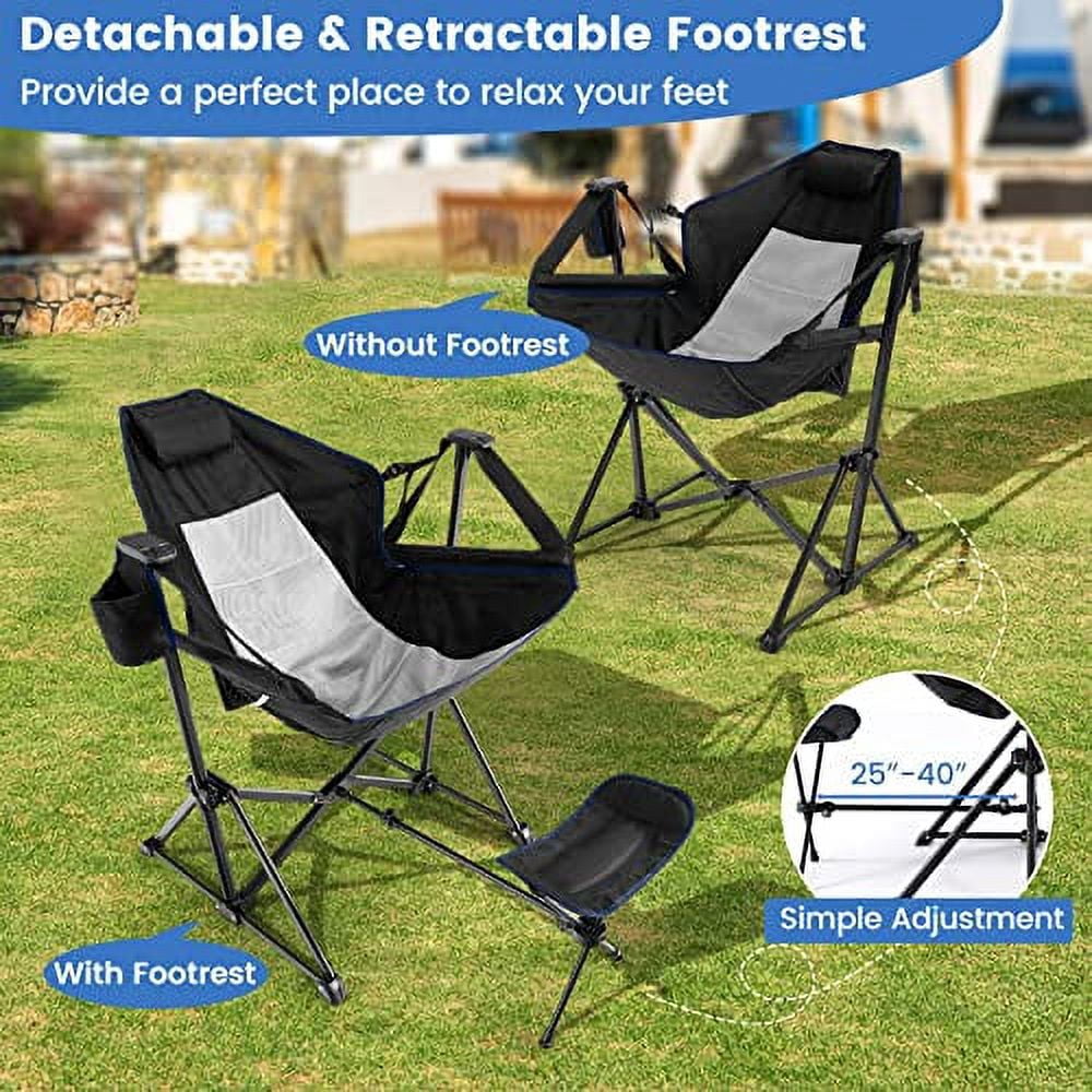 DORTALA Swinging Hammock Chairs for Camping, Rocking Camp Chair w/Retractable Footrest, Folding Camping Chair for Adults, Great for Camping, Fishing, Picnic, Carrying Bag Included, Pack of 1, Black