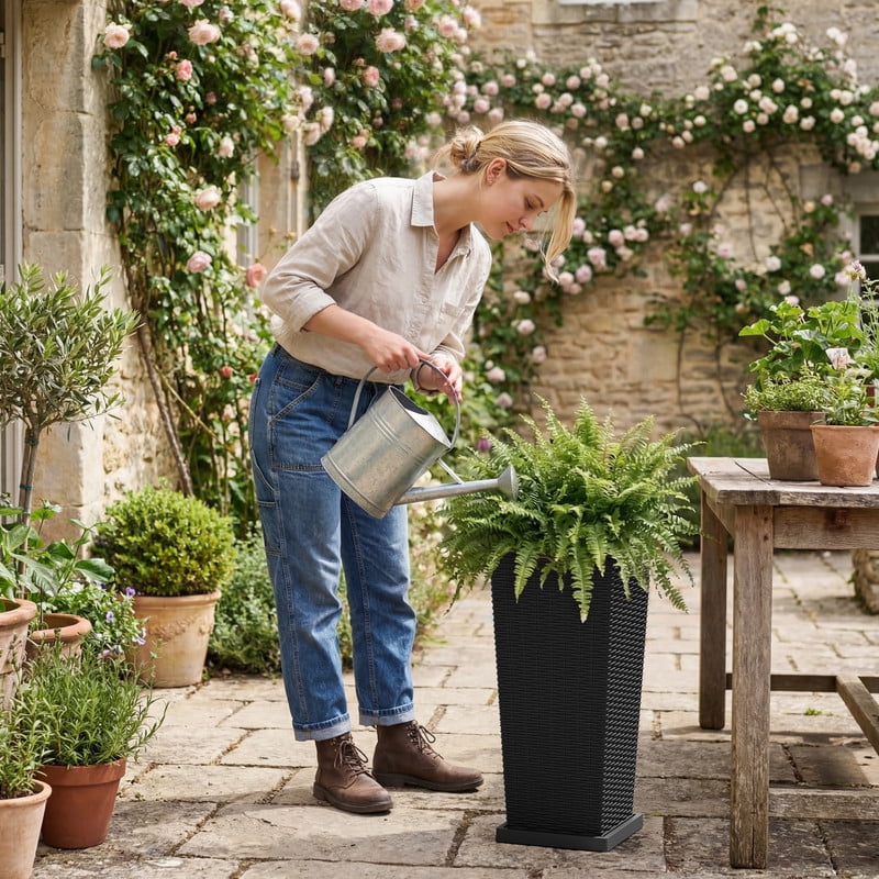 Homall 25" Tall Plastic Planter Set of 2 with Inside Pots, Drainages and Trays, for Outdoor and Indoor