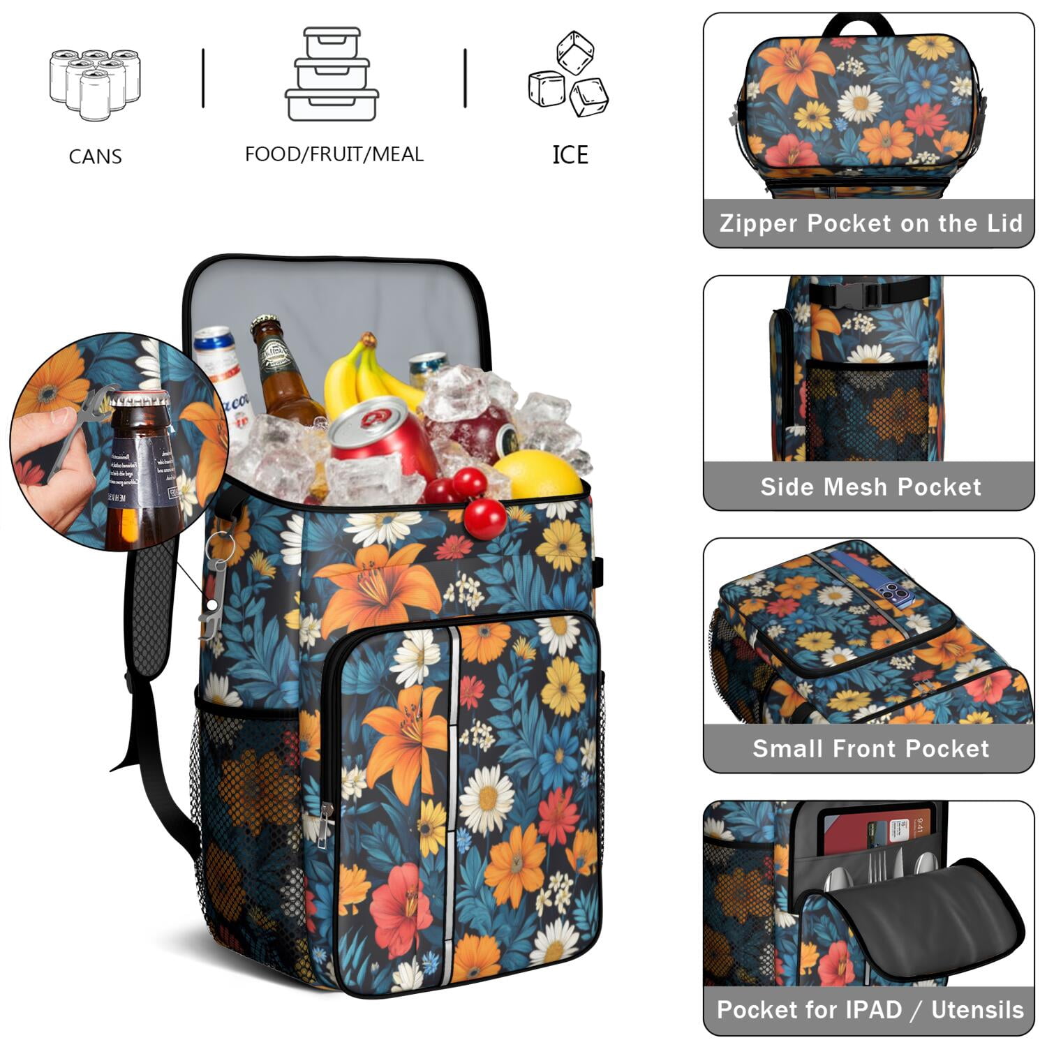Travel Cooler Bag - Colorful Floral Pattern Camping Beer Cooler Backpack with Bottle Opener- Waterproof Insulated Picnic Backpacks - Cooler Bag for Beach