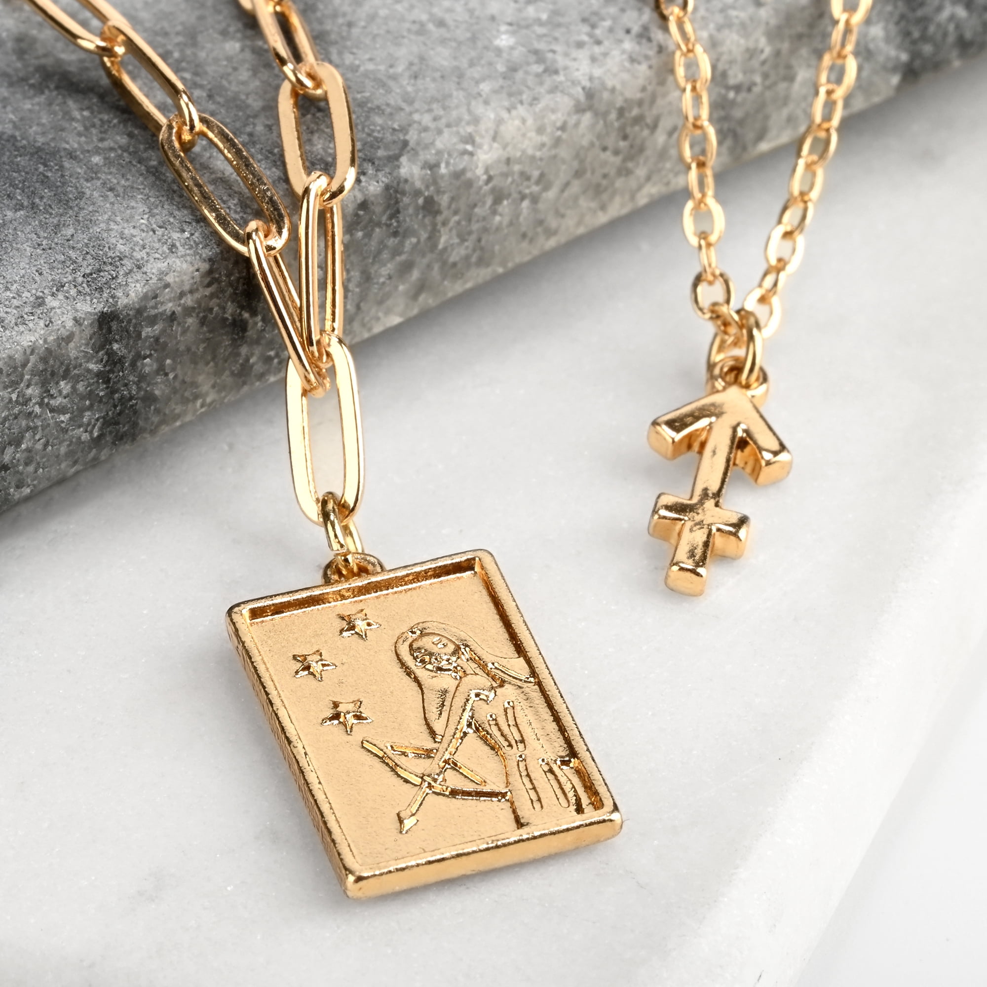 Claire's Girls Teen Gold Zodiac Sagittarius Necklace Set, Lobster Closure, 2-Pack, 38378