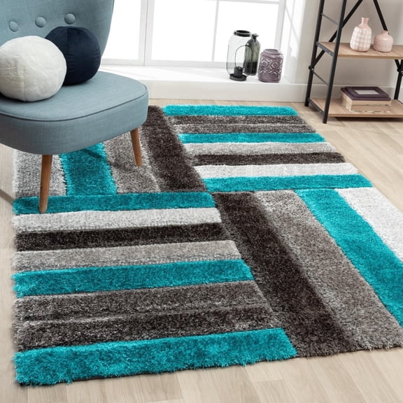 Luxe Weavers Shag Plush Geometric Turquoise 8x10 Area Rug, Indoor Carpet