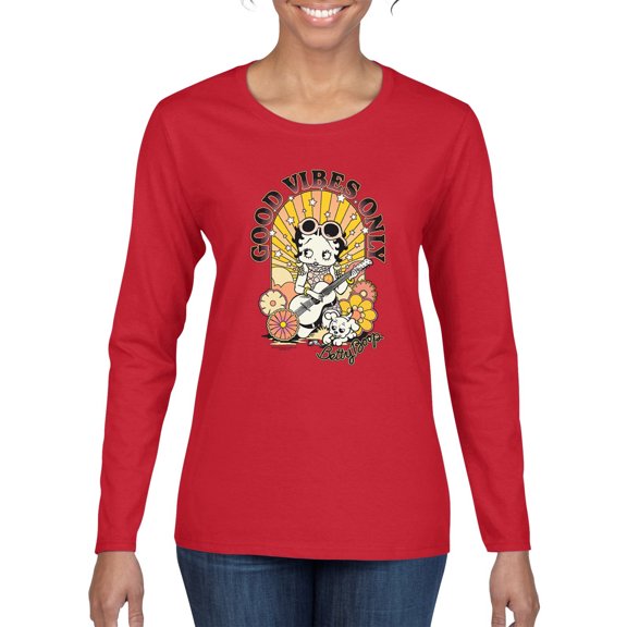 Wild Bobby, Betty Boop Good Vibes Only Betty Boop Womens Long Sleeve T-Shirt, Red, Medium