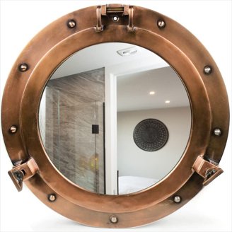 Rustic Copper Nautical Porthole Mirror - 17 Inch Aluminum Shipwrecked Style Bathroom Mirror