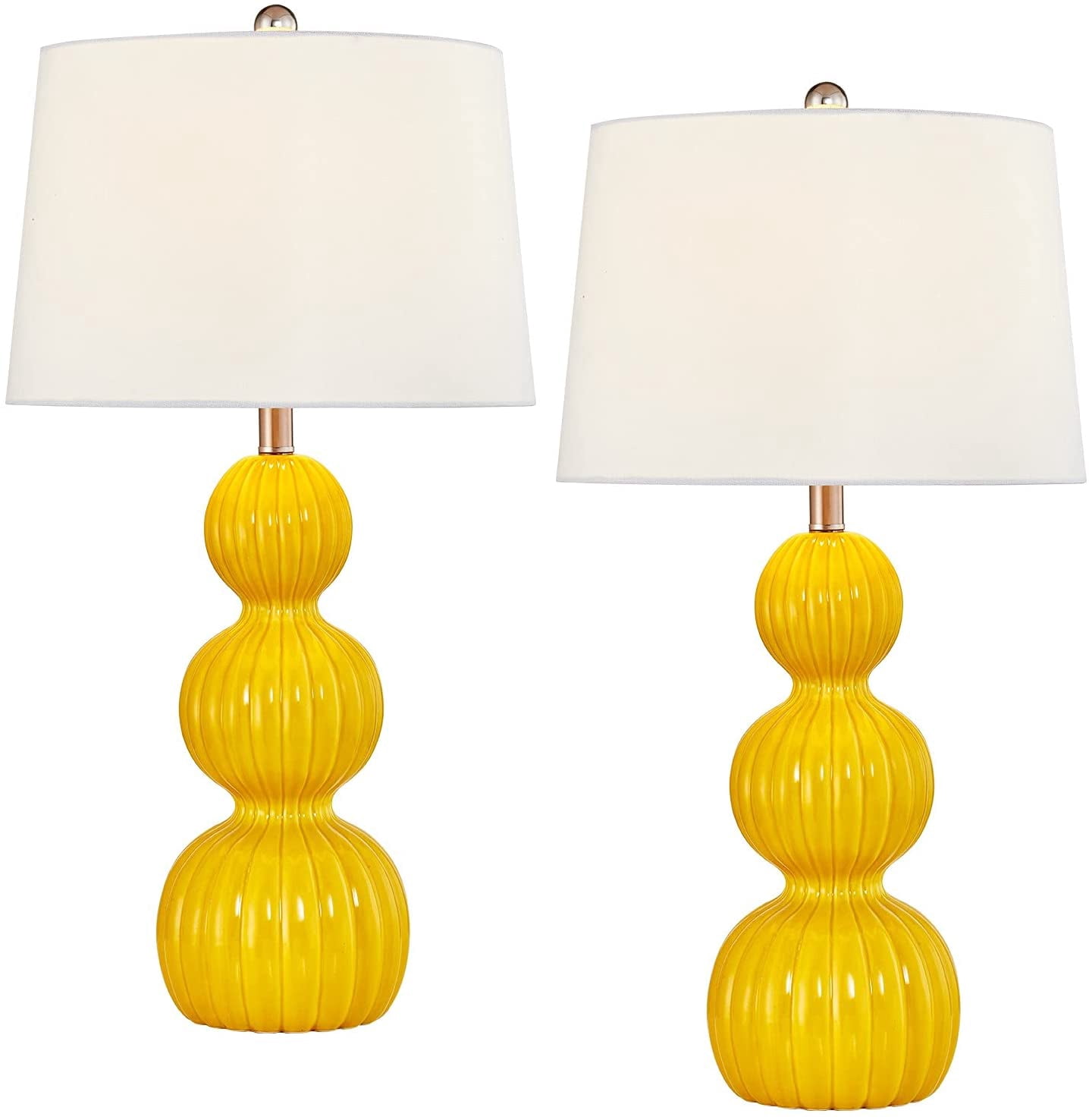 Maxax Modern Set of 2 Table Lamps, 27.8'' Tall Triple Gourd Ceramic Bedside Lamps, 3-Way Dimmable Yellow Nightstand Lamp with White Drum Shade for Bedroom, Living Room, Office