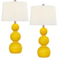 thumbnail image 3 of Maxax Modern Set of 2 Table Lamps, 27.8'' Tall Triple Gourd Ceramic Bedside Lamps, 3-Way Dimmable Yellow Nightstand Lamp with White Drum Shade for Bedroom, Living Room, Office, 3 of 6