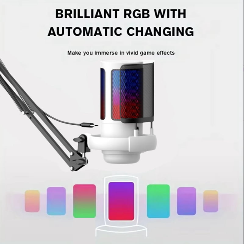 USB Condenser Microphone RGB Esports Game Call Recording Condenser Mic with Metal Boom Stand Mic for Studio Recording A
