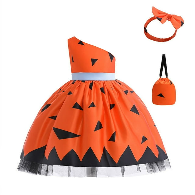 Girls Halloween Costume Dress Pumpkin Ghost Slanted Shoulder Print Masquerade Costume