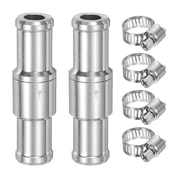 2 Pack 12mm (1/2") Fuel Check Valve, Non-Return One Way Hose Check Valve, Aluminum Alloy Control Accessories with Clamps for Petrol, Diesel, Gas, Oil, Air, Water, Silver