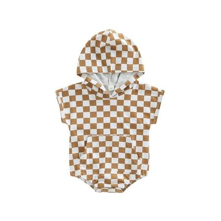 

aturustex Baby Romper Checkerboard Print Short Sleeve Hooded Bottom Snap Closure Cute Breathable Jumpsuit