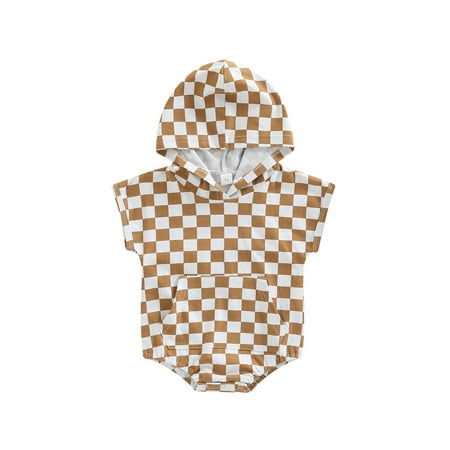 

Frobukio Toddler Baby Boys Romper Checkerboard Print Short Sleeve Hooded Bottom Snap Closure Cute Jumpsuit Khaki 3-6 Months