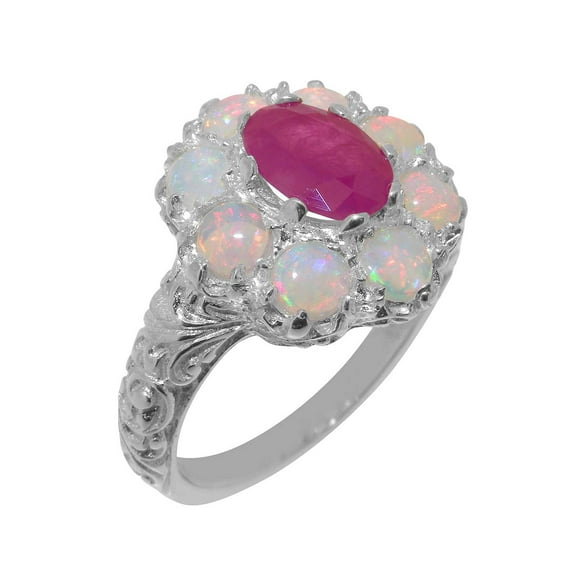 LBG British Made 9k White Gold Natural Ruby & Opal Womens Statement Ring - 33 size options - Size 10