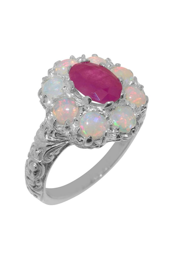 LBG British Made 10k White Gold Natural Ruby & Opal Womens Statement Ring - 33 size options - Size 6.5