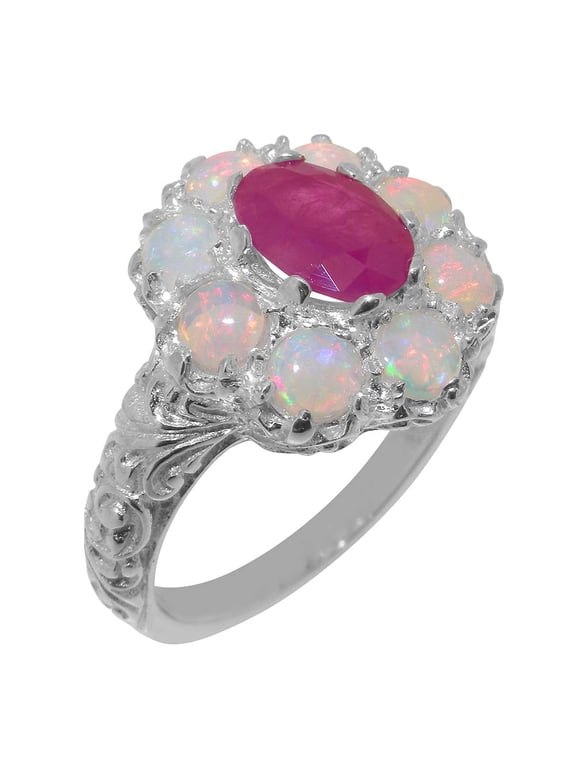 LBG British Made 925 Sterling Silver Ring with Natural Ruby & Opal Womens Statement Ring - 33 size options - Size 7.25
