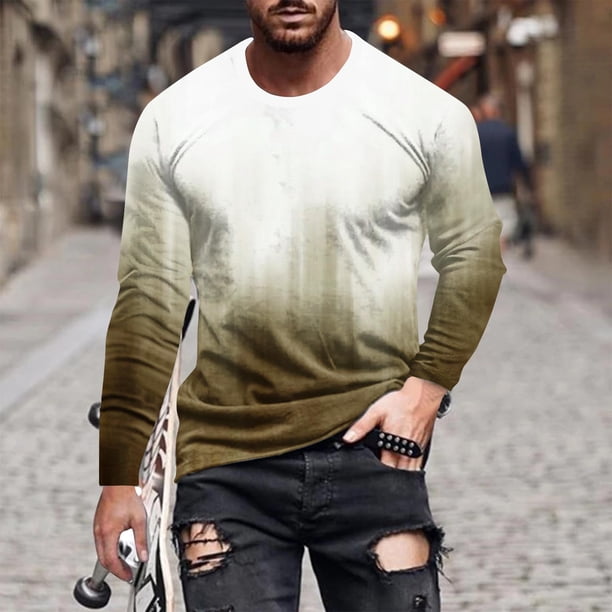 Blusas y camisas de manga larga con cuello redondo para hombre, blusa informal con estampado de cuello redondo y manga larga para hombre