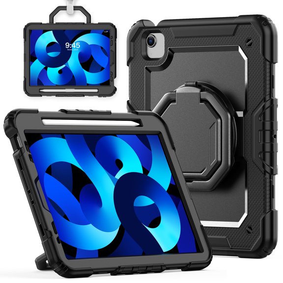 for iPad Air 5th/4th Generation 10.9 inch 2022/2020 Case, 360 Rotating Shockproof Cover with Stand, Handle, Shoulder Strap, Black