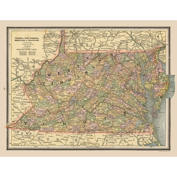 Historic State Map - Virginia West Virginia - Cram 1888 - 29.84 x 23 - Vintage Wall Art