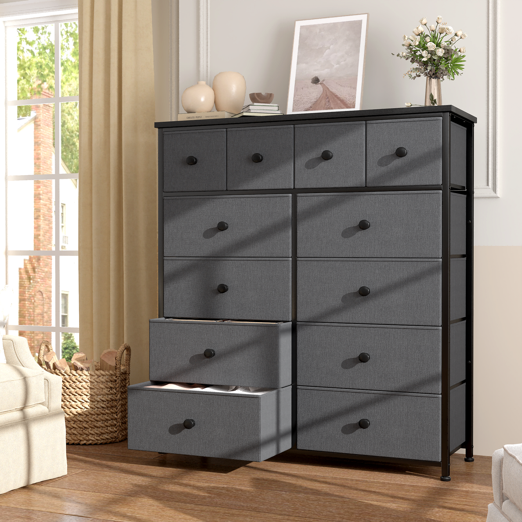 Romorgniz Tall Dresser for Bedroom with 12 Drawers Dresser for Closet Fabric Dressers and Chests of Drawers, Sturdy Metal Frame, Wood Top, Gray