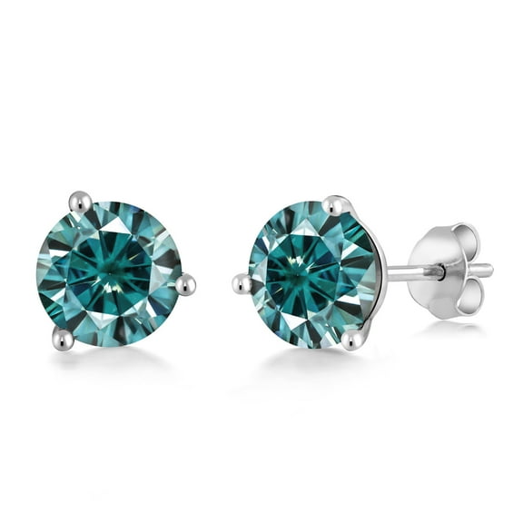 Gem Stone King 18K White Gold Blue Moissanite 3 Prong Stud Earrings for Women Men (2.00 Cttw, Round 6.5MM)
