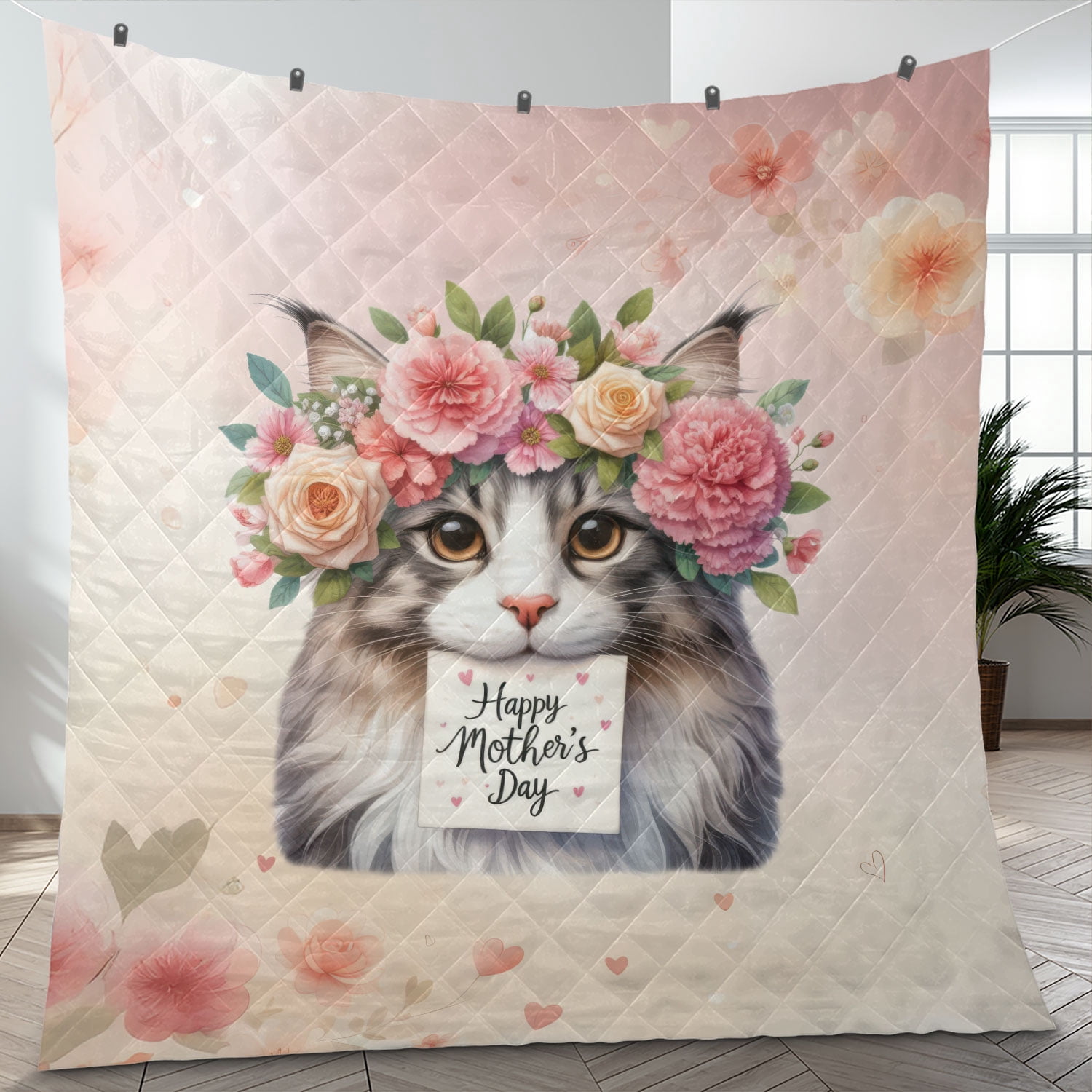 Happy Mother's Day Maine Coon with Flower Crown and Greeting Card Quilt Blanket Cat Lover Kitten Owner Gifts Cozy Comforter Throw Blanket - 13004