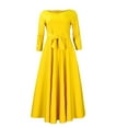 thumbnail image 3 of safuny Women's Plus Size Tea Length A Line Dress Solid Color Round Neck Winter Elegant Casual Daily Bandage Trendy Holiday Long Sleeve Autumn Dresses Yellow XXL, 3 of 4