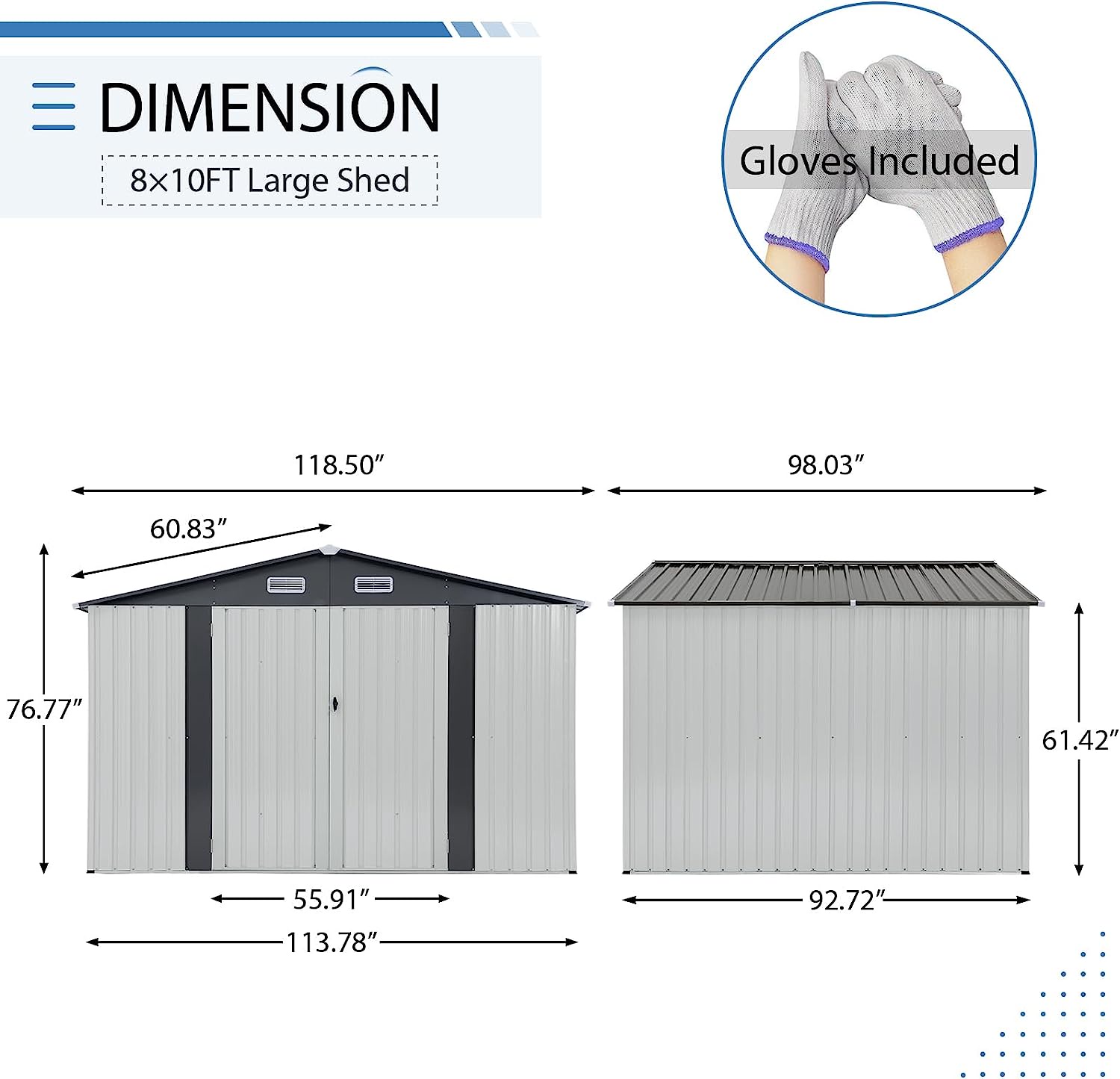 JOIVI Outdoor Storage Shed, 10'x8' Large Galvanized Steel Metal Garden Shed, Double Door W/Lock, Outdoor Storage House for Backyard Patio Lawn, White
