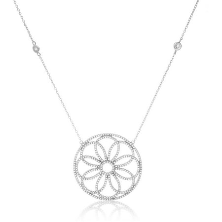 Women's Sterling Silver Rhodium Cubic Zirconia Round Flower Station Necklace