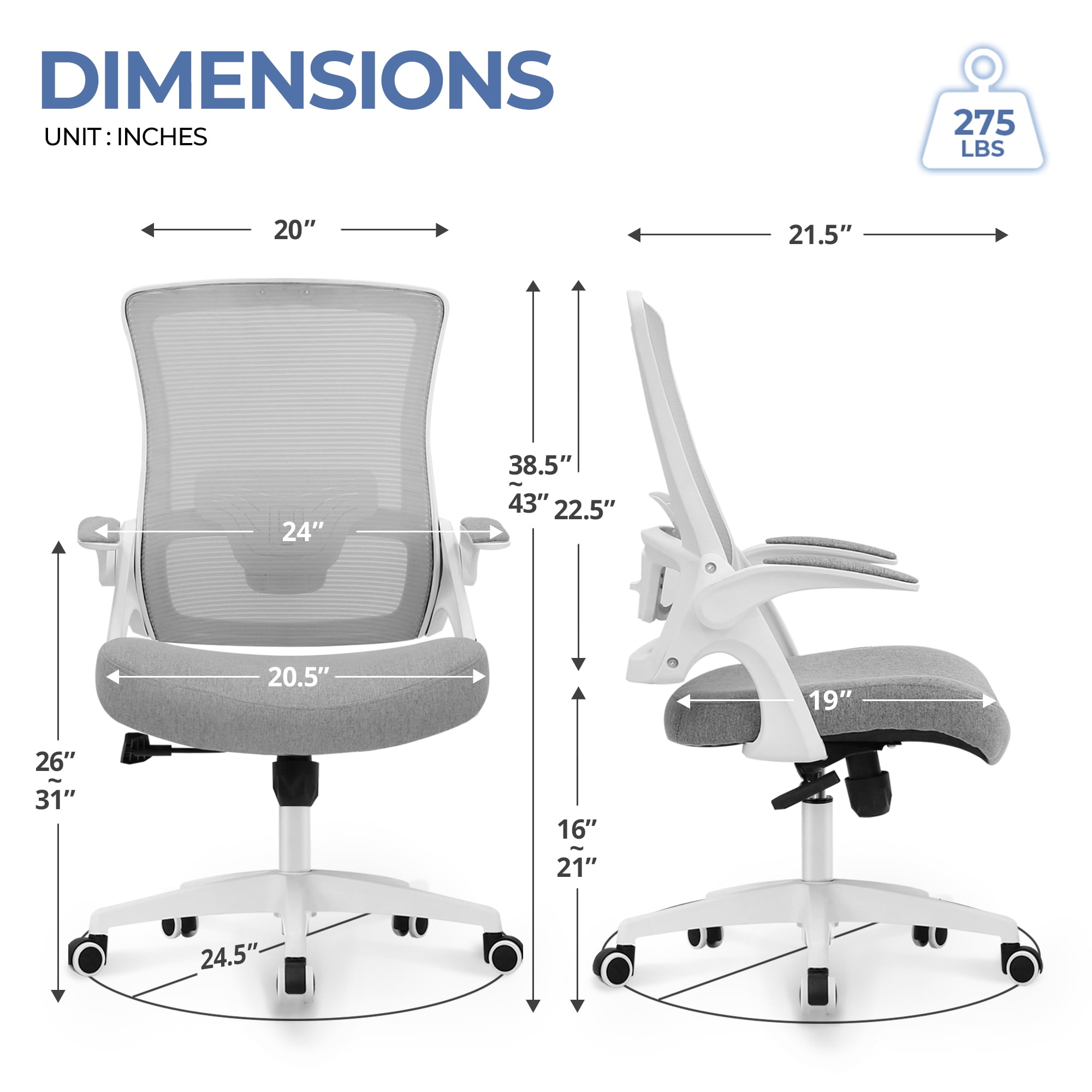 CELTOSS Ergonomic Office Chair, Wide Seat with Flip-Up Armrests, Lumbar Support, Adjustable Height, Comfy Home Task Computer Chair, Gray