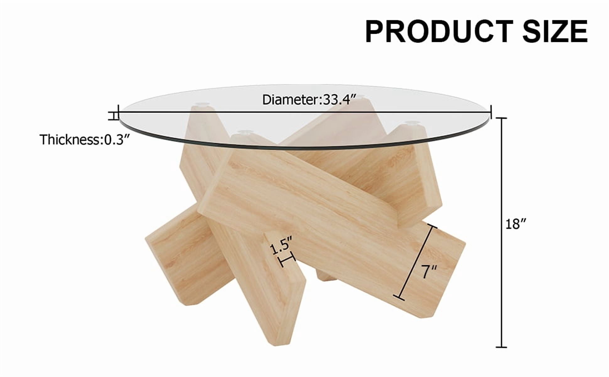 NYEESS 33.4" Inch Oak Round Tempered Glass Coffee Table with MDF Legs, Farmhouse Style Living Room Table