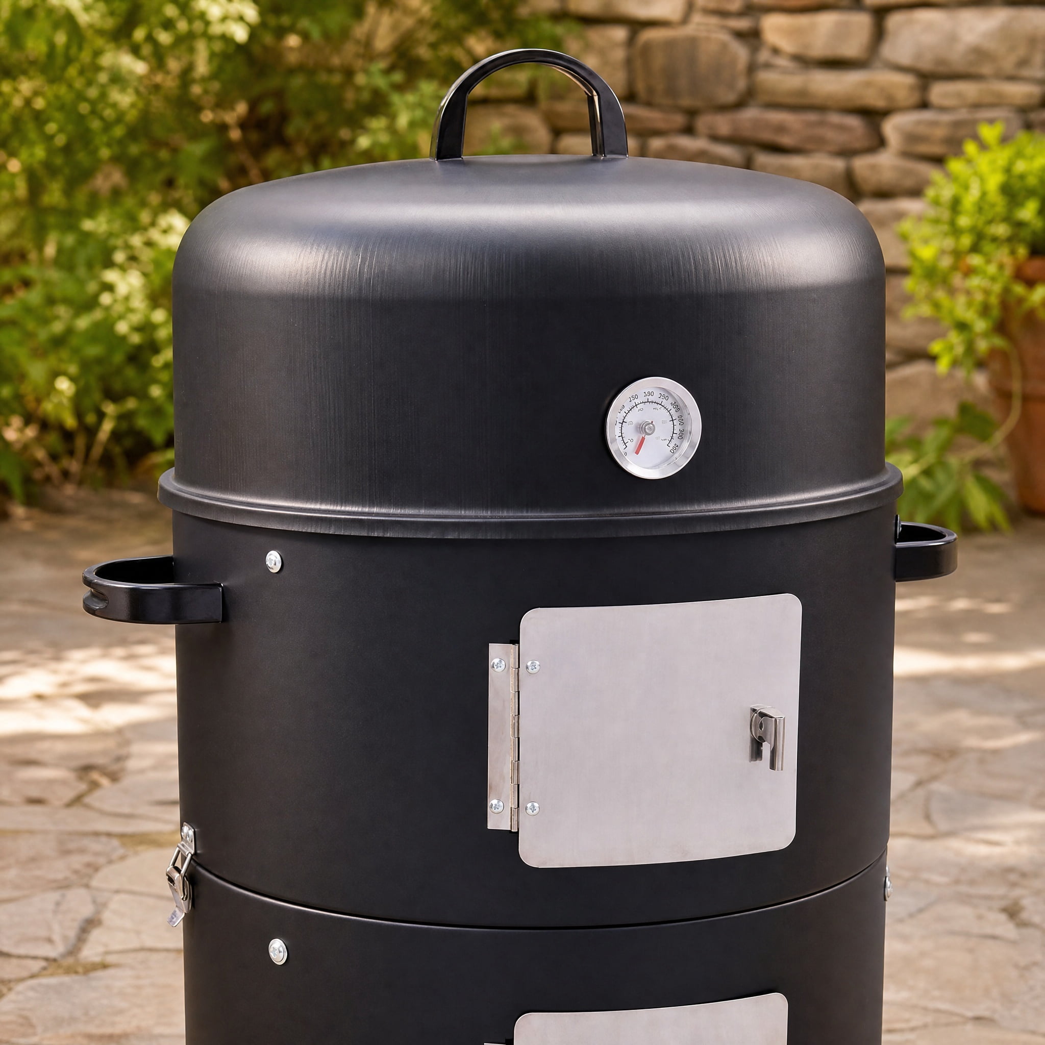17 Inch Heavy Duty Round Charcoal Smoker BBQ Grill Outdoor Cooking Grill with Temperature Control Dual Doors Black