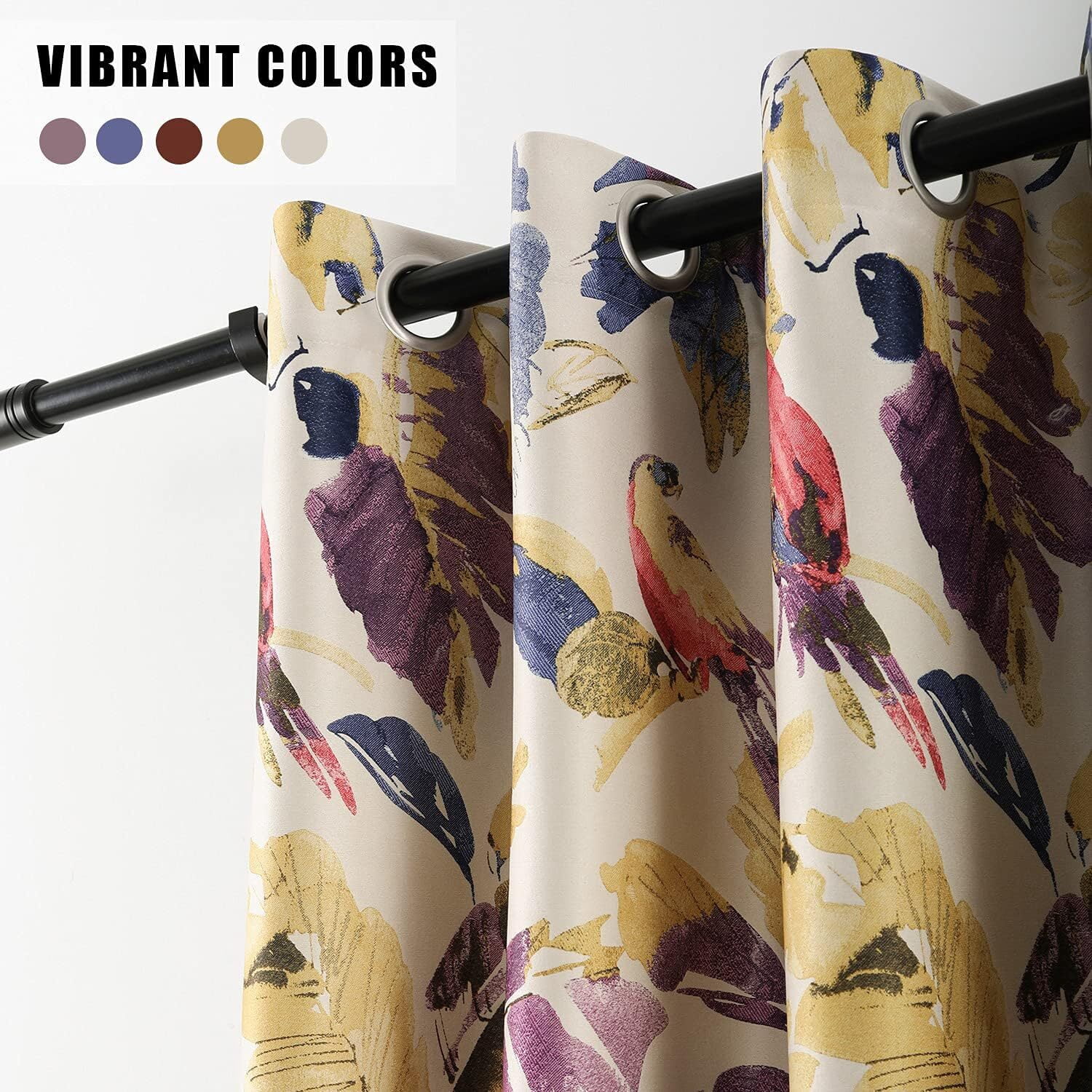 VOGOL Blackout Heavyweight Curtains for Sliding Door, Purple Macaw & Plant Print Window Treatment Drapes for Bedroom Decor, 2 Panels, 52 x 84, Grommet